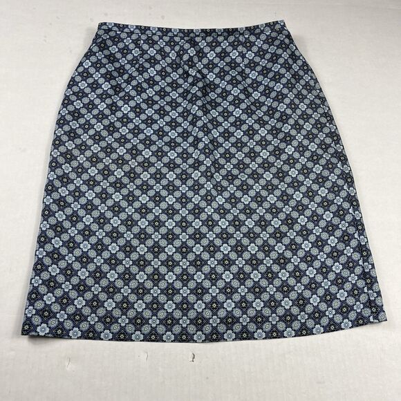 Ann Taylor Silk Pencil Skirt Blue Black Geometric Print 6P Petite Work Career - Picture 1 of 10